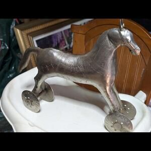 Antique Silver Metal Horse On Wheels